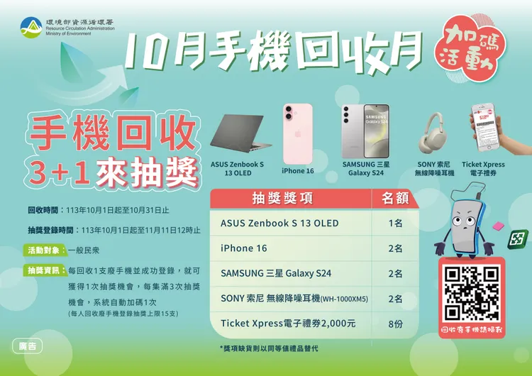 獎項內容包括有華碩筆電、iPhone、Galaxy S24等。環境部提供