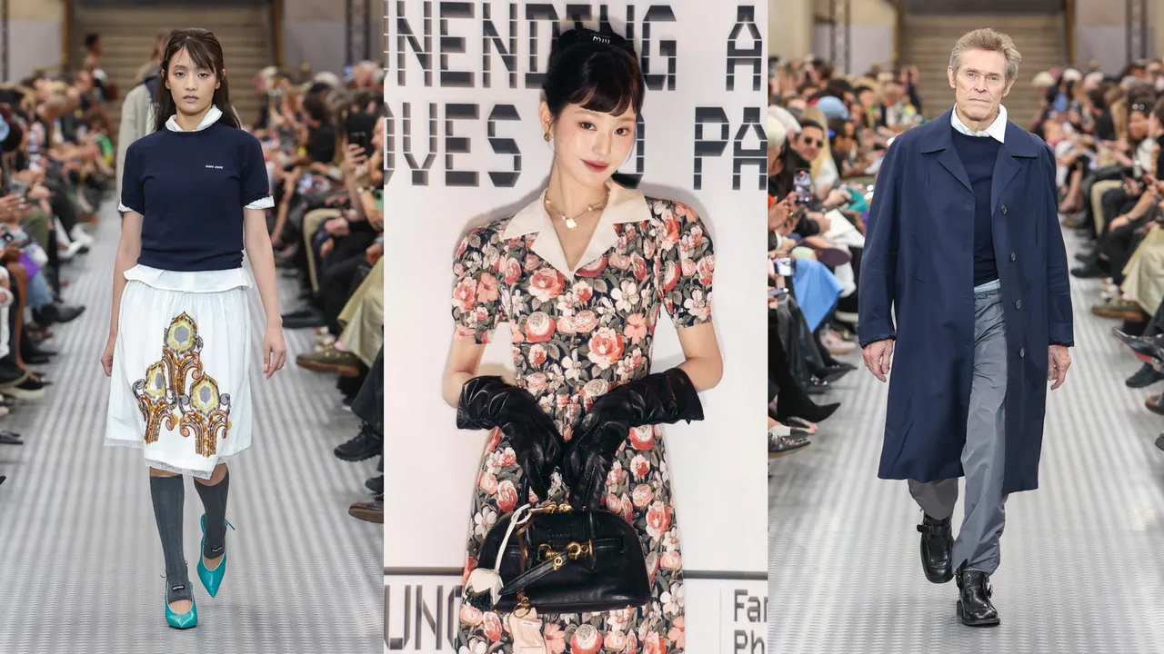 張員瑛（中圖）以美得不真實的樣態現身Miu Miu秀場；為大秀走秀的(G)I-DLE成員Minnie（左圖）妝容讓粉絲很驚嚇；《蜘蛛人》反派Willem Dafoe（右圖）驚喜為大秀壓軸走秀。品牌提供、翻攝品牌IG