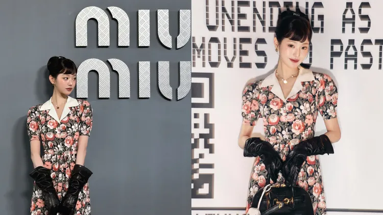 張員瑛現身Miu Miu秀場，復古女伶樣貌美到不真實。左圖翻攝張員瑛IG、右圖翻攝品牌IG