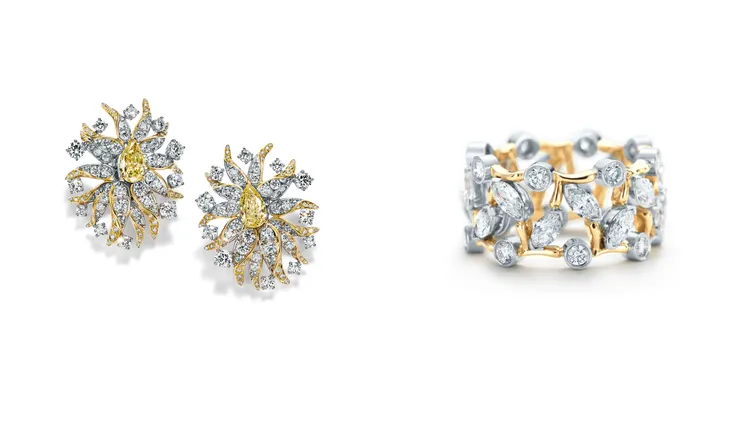 Tiffany 2024 Blue Book高級珠寶Tiffany Céleste 蒼穹萬象Flames熾陽之焰系列Flames黃鑽耳環（左圖），以及Jean Schlumberger by Tiffany Vigne 鉑金與18K黃金鑽石戒指（右圖）。品牌提供