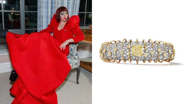 Tiffany 2024 Blue Book高級珠寶Tiffany Céleste蒼穹萬象Apollo燦爛之輝系列，鉑金與 18K黃金鑲嵌逾5克拉濃彩黃鑽及鑽石手環。左圖翻攝ladygaga IG、右圖品牌提供