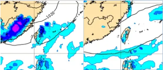 最新(14日20時)歐洲模式(ECMWF)模擬顯示，週六(19日)東北季風南下，北部、東半部轉有局部雨(左圖)。下週(20)日水氣略轉乾，東北部及午後山區仍有局部短暫雨的機率，其他各地多雲時晴(右圖)。氣象應用推廣基金會