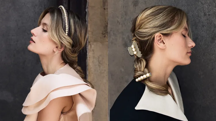 珍珠女孩針織布髮箍（左）1萬1500元、千鳥紋大珍珠6公分仕女夾（右上）7200元、千鳥紋大珍珠抓夾（右下）7200元。品牌提供