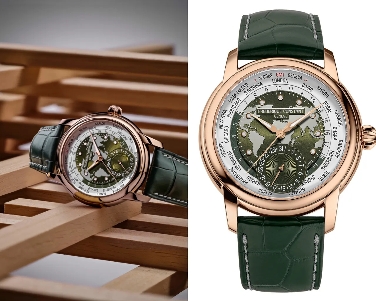康斯登Classics Worldtimer Manufacture百年典雅自製機芯世界時區腕錶,42mm,拋光18K玫瑰金錶殼,卡其色和銀色錶盤帶世界地圖浮雕,深綠色鱷魚皮錶帶,FC-718自製自動上鍊機芯,動力儲存38小時,防水深度30米,限量36只,68萬8000元。品牌提供