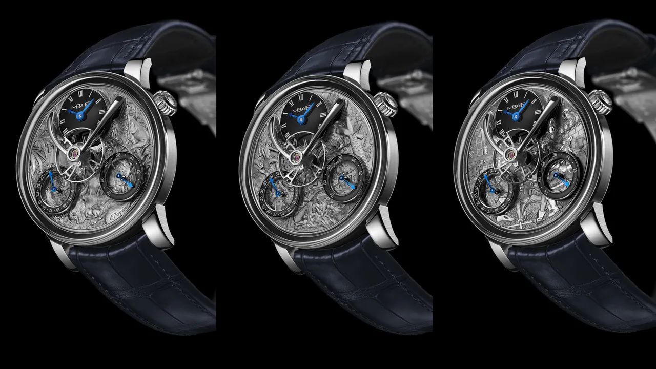 MB&F Legacy Machine Split Escapement Eddy Jaquet腕錶,44.5mm,精鋼錶殼,深海軍藍色手工縫製鱷魚皮錶帶,LM SE機芯,動力儲存72小時,防水深度30米,各650萬元。品牌提供