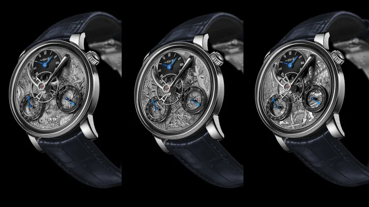 MB&F Legacy Machine Split Escapement Eddy Jaquet腕錶，44.5mm，精鋼錶殼，深海軍藍色手工縫製鱷魚皮錶帶，LM SE機芯，動力儲存72小時，防水深度30米，各650萬元。品牌提供
