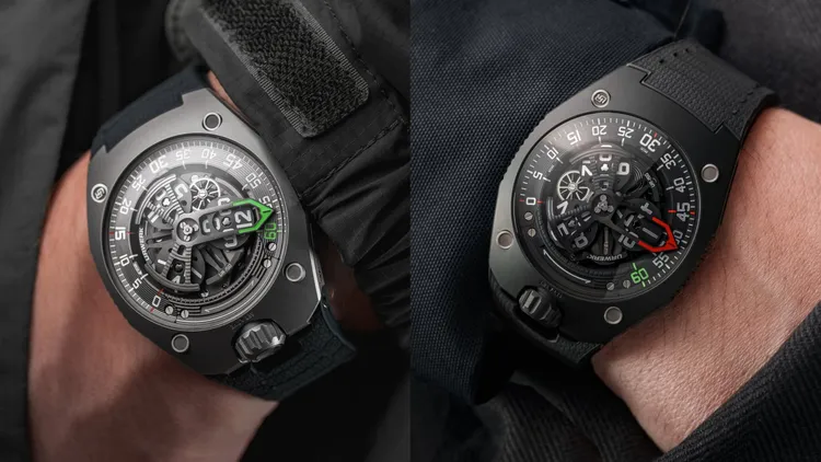 URWERK UR-150 Scorpion腕錶，42.49*52.31*14.79mm，噴砂及珠擊打磨鈦金屬及精鋼錶殼（Titan），噴砂及珠擊打磨鈦金屬及炭灰色PVD塗層精鋼錶殼（Dark），KISKA橡膠錶帶，UR-50.01自動上鍊機芯，動力儲存43小時，防水深度50米，各限量50只，Titan型號373萬元、Dark型號377萬元。品牌提供
