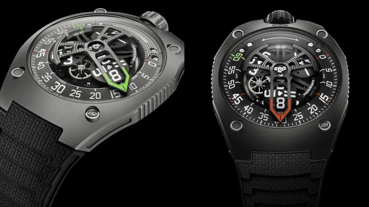 URWERK UR-150 Scorpion腕錶，42.49*52.31*14.79mm，噴砂及珠擊打磨鈦金屬及精鋼錶殼（Titan），噴砂及珠擊打磨鈦金屬及炭灰色PVD塗層精鋼錶殼（Dark），KISKA橡膠錶帶，UR-50.01自動上鍊機芯，動力儲存43小時，防水深度50米，各限量50只，Titan型號373萬元、Dark型號377萬元。品牌提供
