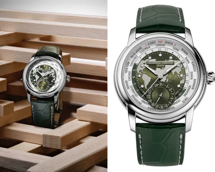 康斯登Classics Worldtimer Manufacture百年典雅自製機芯世界時區腕錶，42mm，拋光不鏽鋼錶殼，卡其色和銀色錶盤帶世界地圖浮雕，深綠色鱷魚皮錶帶，FC-718自製自動上鍊機芯，動力儲存38小時，防水深度50米，限量718只，16萬8800元。品牌提供
