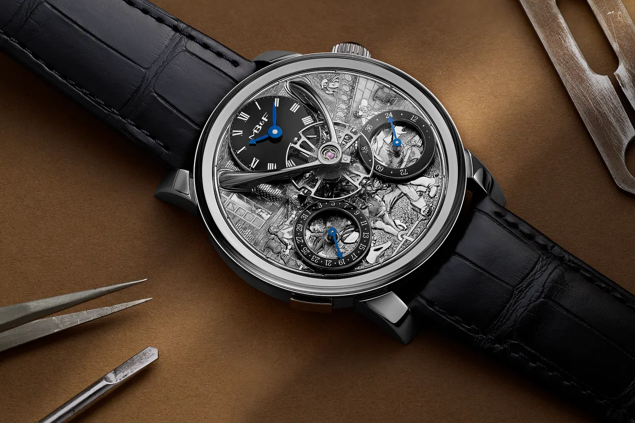 MB&F Legacy Machine Split Escapement Eddy Jaquet腕錶,44.5mm,精鋼錶殼,深海軍藍色手工縫製鱷魚皮錶帶,LM SE機芯,動力儲存72小時,防水深度30米,各650萬元。品牌提供