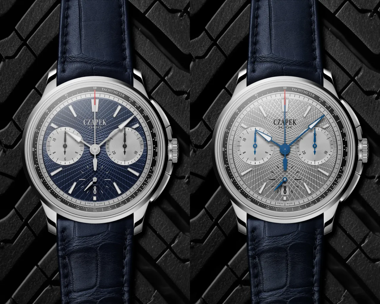 Czapek & Cie Faubourg de Cracovie Crossroads腕錶,41.5mm,精鋼錶殼,合金401 Czapek藍色/灰色手工璣鏤紋 Crossroads錶盤,鱷魚皮錶帶,SXH3機芯,動力儲存65小時,防水深度50米,各150萬元。品牌提供