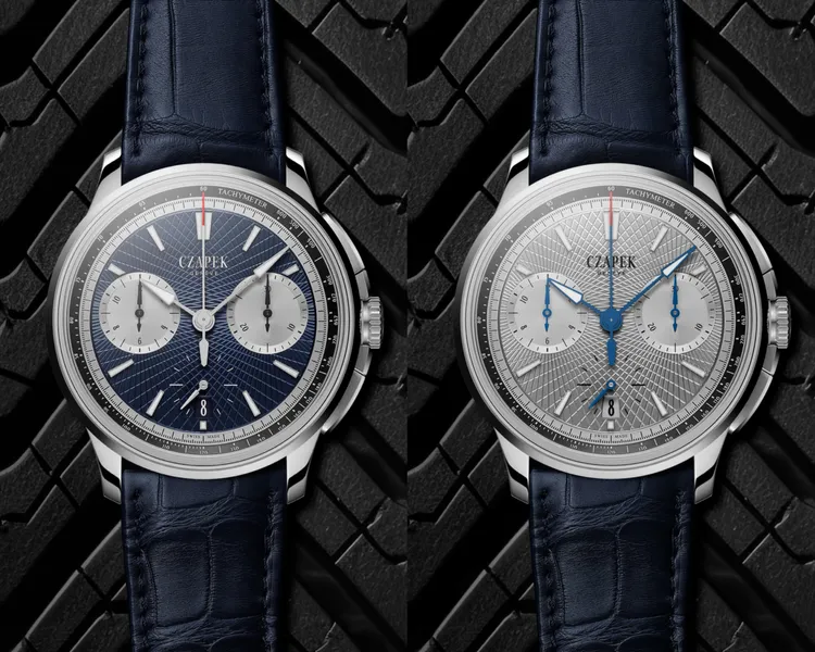 Czapek & Cie Faubourg de Cracovie Crossroads腕錶，41.5mm，精鋼錶殼，合金401 Czapek藍色/灰色手工璣鏤紋 Crossroads錶盤，鱷魚皮錶帶，SXH3機芯，動力儲存65小時，防水深度50米，各150萬元。品牌提供
