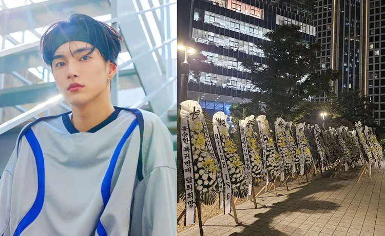 承漢（左圖）因私生活爭議反省10個月，粉絲不滿他11月歸隊，訂喪禮花圈送到SM抗議。翻攝SM娛樂、X（推特）