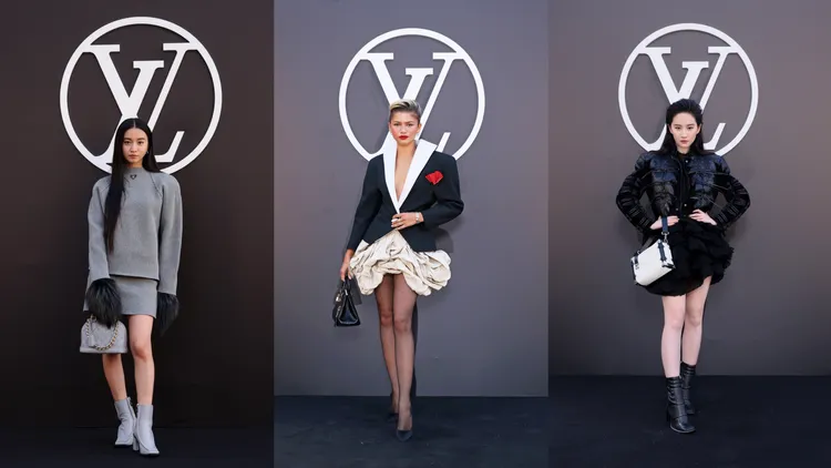 木村光希（左起）、「蜘蛛女」贊妲雅（Zendaya）、劉亦菲現身LV秀場。品牌提供