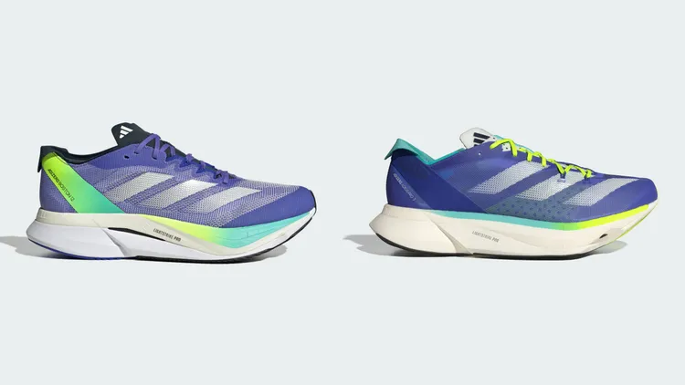 「極速藍焰」ADIZERO BOSTON 12（左）4290元、「極速藍焰」ADIZERO ADIOS PRO 3（右）7500元。品牌提供