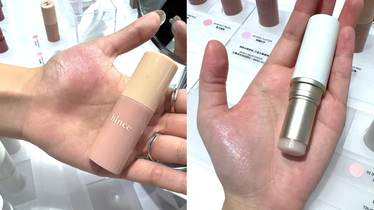 水嫩透亮液態腮紅（左）535元、臻綵綻放透亮高光棒（右）995元。張家玲攝