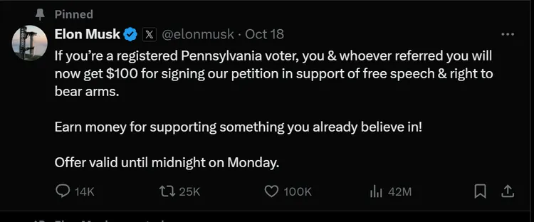 馬斯克為催促民眾加入請願開始撒錢。X