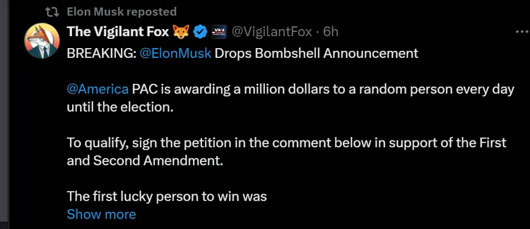 馬斯克為催促民眾加入請願開始撒錢。X