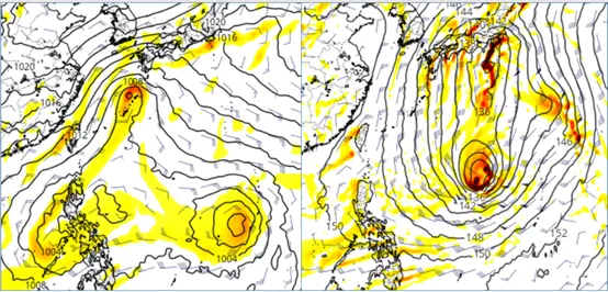 最新(15日20時)歐洲(ECMWF左圖)美國(GFS右圖)模式、25日20時模擬圖顯示，台灣東側海面的大低壓環流內、有2至3個低壓擾動發展，但位置、強度差異很大。氣象應用推廣基金會