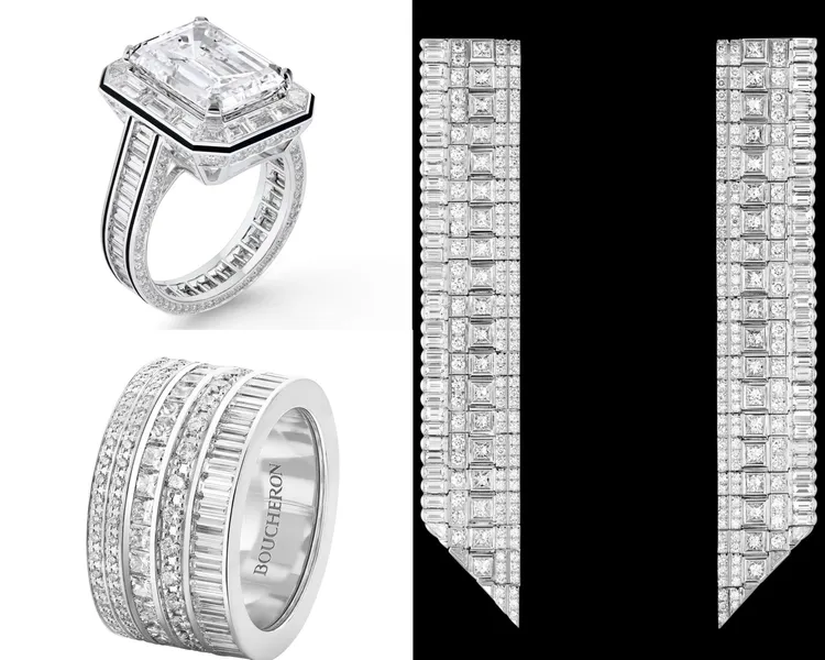 BOUCHERON高級珠寶系列Quatre Radiant耳環（右）281萬元、高級珠寶系列Vendome Liseré戒指（左上）4290萬元、高級珠寶系列Quatre Radiant戒指（左下）153萬元。品牌提供