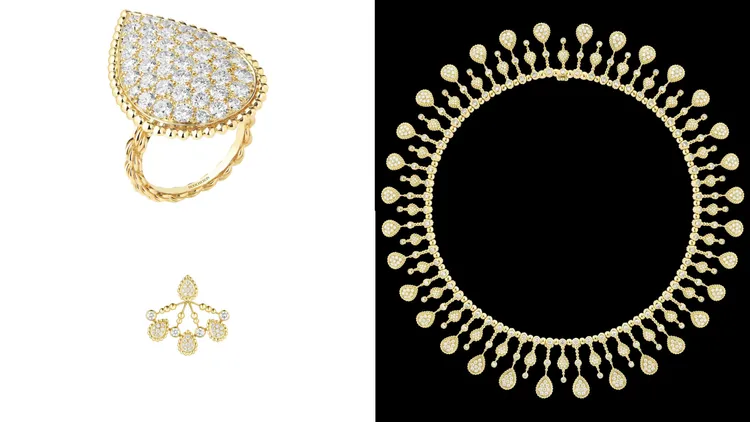 BOUCHERON Serpent Boheme系列Solarité項鍊（右）316萬元、Serpent Boheme系列戒指（左上）85萬4000元，與耳環（左下）15萬6000元。品牌提供