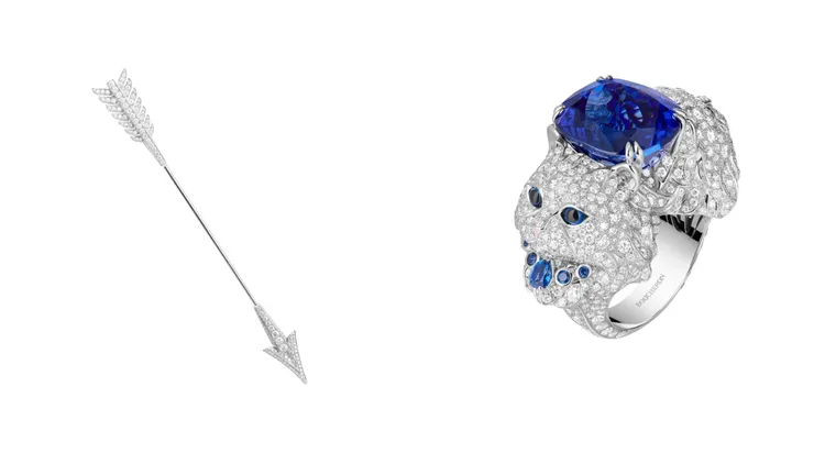 BOUCHERON Flèche du Temps系列箭靶造型胸針（左）57萬6000元、高級珠寶系列Wladimir貓咪造型戒指（中）429萬元、Quatre Black系列耳扣（右）11萬5500元