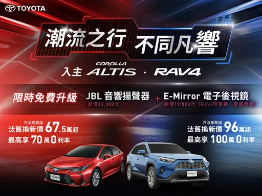Toyota RAV4、Corolla Altis及Town Ace貨卡 限時免費升級影音、安全配備