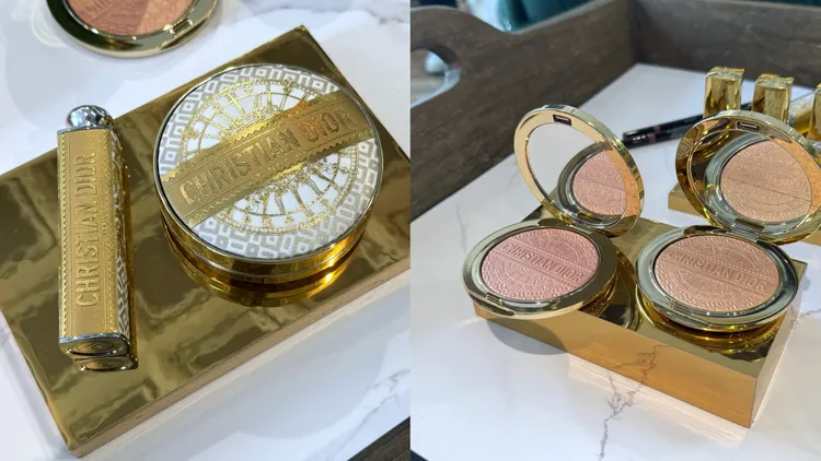 金燦凡爾賽癮誘唇膏外殼1150元（左圖左）、超完美氣墊外殼（左圖右）1250元、超完美持久亮采餅（右圖）各2350元。張家玲攝