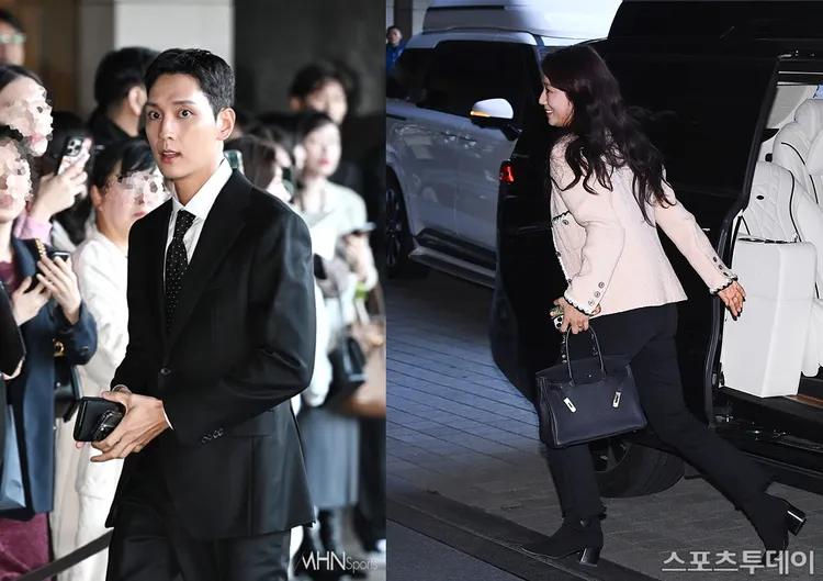 崔泰俊（左圖）先進場，朴信惠拍完戲壓線抵達。翻攝WHN體育、sportstoday