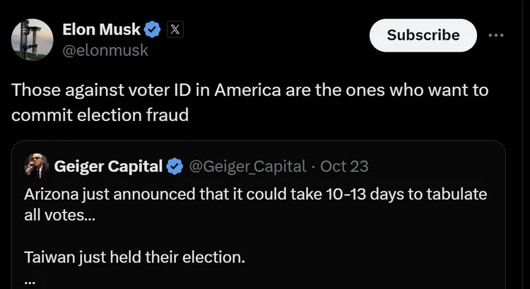 馬斯克直言不支持檢附身分證就是想在選舉舞弊。翻攝自X馬斯克帳號