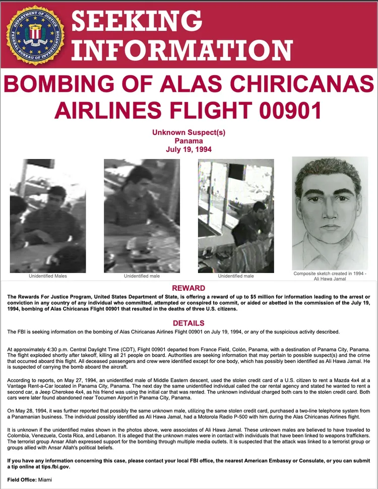 FBI對賈瑪爾和航空901航班空中爆炸案的資訊懸賞1.6億新台幣賞金。翻攝自FBI