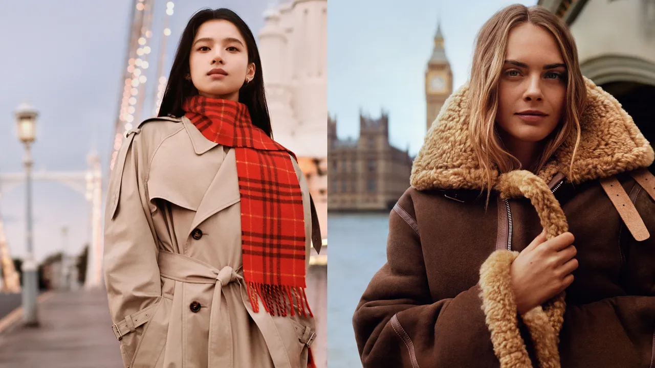 張婧儀（左）、英國超模卡拉迪樂芬妮（右）拍攝BURBERRY全新形象廣告。品牌提供
