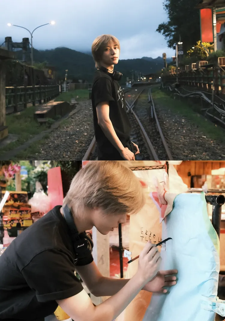 杋圭跟然竣到平溪放天燈，寫下心願。翻攝杋圭IG