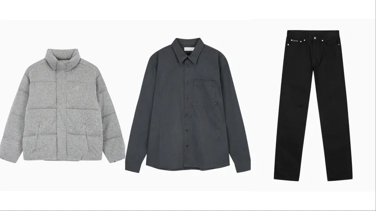 Calvin Klein襯墊羽絨外套（左起）1萬2980元、標誌造型襯衫4980元、Standard直筒牛仔褲6980元。品牌提供