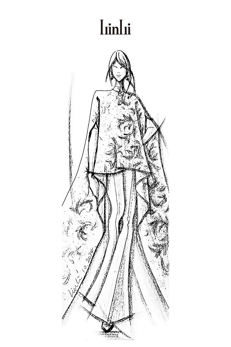 林莉為江蕙國慶演出打造的黑牡丹斗篷褲裝手稿。品牌提供