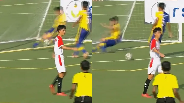 射門球員轉身慶功時，對手已經趕到把球踢開。翻攝自YouTube