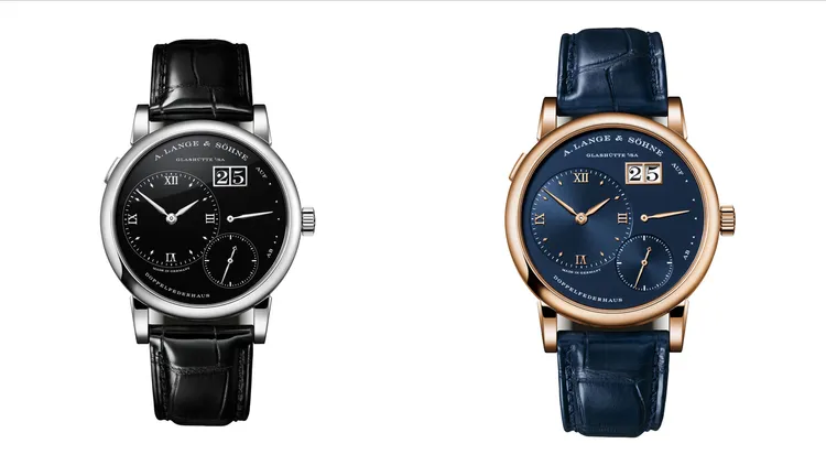 朗格LANGE 1腕錶，38.5mm，鉑金950/750玫瑰金錶殼，925銀錶盤，手工縫製鱷魚皮錶帶，朗格錶廠自製L121.1型手動上鍊機芯，動力儲存72小時，各限量300只。品牌提供