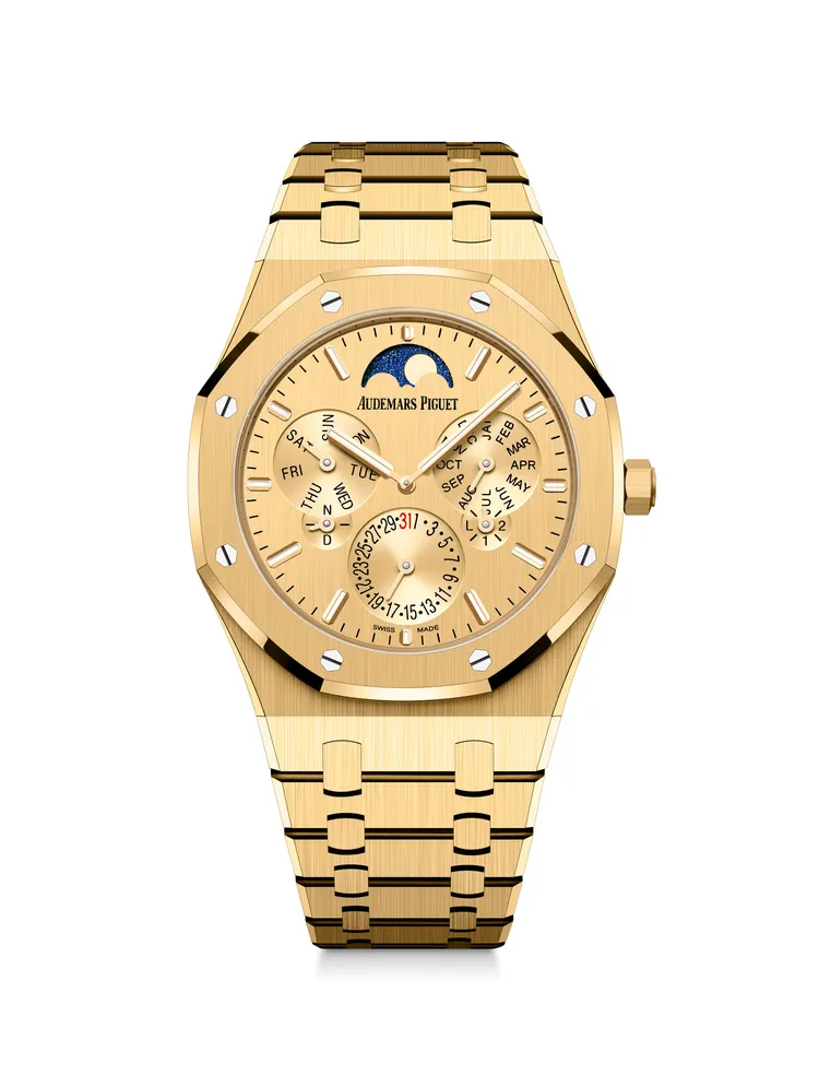 AP Royal Oak皇家橡樹系列萬年曆超薄腕錶，41mm，18K金錶殼，黃金錶面與小錶盤，18K黃金錶帶，5133自動上鍊機芯，動力儲存40小時，防水深度20米。品牌提供