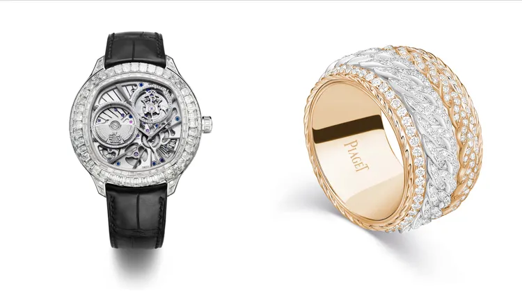 PIAGET Polo Emperador 系列18K 白金鑽石陀飛輪腕錶（左）2500萬元、Possession 系列 18K 玫瑰金鑽石戒指（右）112萬元。品牌提供
