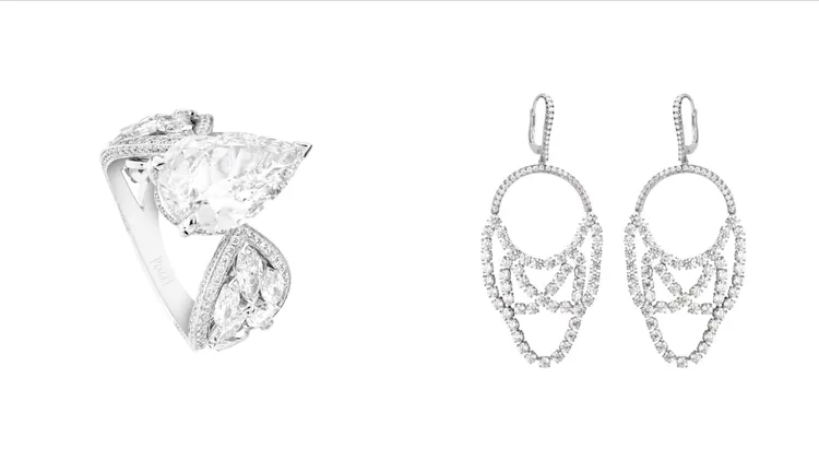 PIAGET頂級珠寶系列18K 白金鑽石戒指（左）2200萬元、頂級珠寶系列18K白金鑽石耳環（右）280萬元。品牌提供