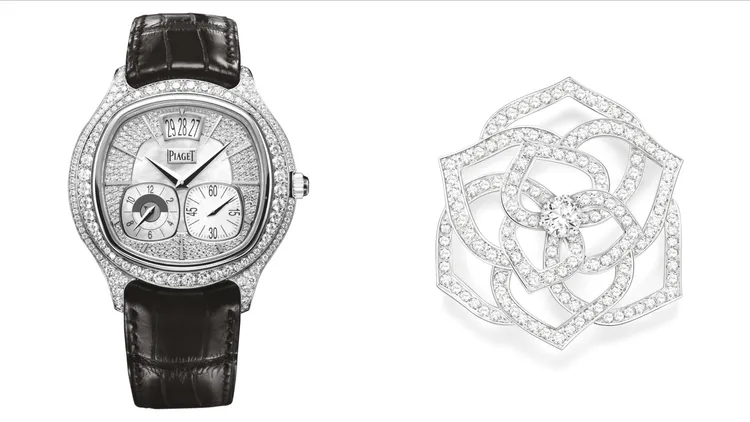 PIAGET Polo Emperador 系列 18K 白金雙時區自動上鍊鑽石腕錶（左）274萬元、Rose 系列 18K 白金鑽石胸針（右）66萬5000元。品牌提供
