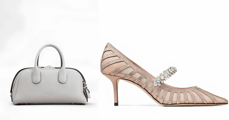 ▲ TOD'S DARSENA手提斜背包，價格店洽。(圖左)，JIMMY CHOO BING PUMP粉膚色水晶裝飾網紗高跟鞋，推薦價79,800元。 (圖右)。圖片來/台中大遠百