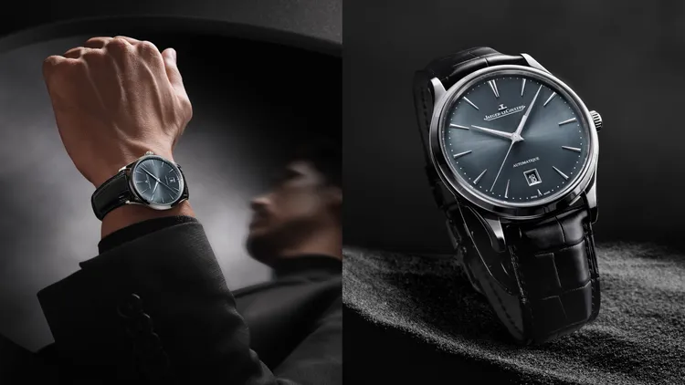 積家Master Ultra Thin Date超薄大師系列日期顯示腕錶，39mm，精鋼錶殼，藍灰色太陽放射狀飾紋錶盤，黑色鱷魚皮錶帶，積家899型自動上鍊機械機芯，動力儲存38小時，防水深度50米。品牌提供
