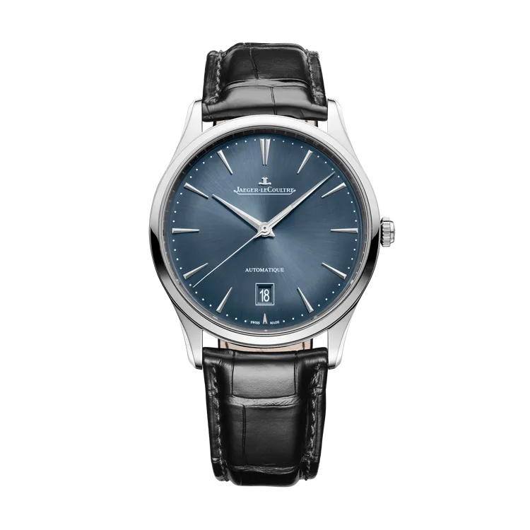 積家Master Ultra Thin Date超薄大師系列日期顯示腕錶，39mm，精鋼錶殼，藍灰色太陽放射狀飾紋錶盤，黑色鱷魚皮錶帶，積家899型自動上鍊機械機芯，動力儲存38小時，防水深度50米。品牌提供
