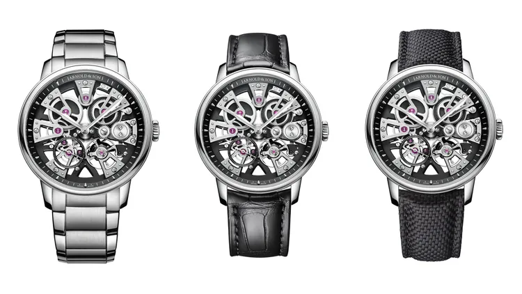 Arnold & Son 的Nebula 40 Steel系列黑色錶款，40mm，精鋼錶殼，黑色處理輪緣、鍍銠鑲飾錶盤，A&S5201手動上鍊機械機芯，動力儲存90小時，防水深度30米，黑色x精鋼錶帶1萬7600瑞法、黑色x短吻鱷魚皮錶帶1萬6900瑞法、黑色x橡膠錶帶1萬6700瑞法。品牌提供