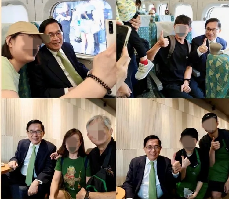 陳水扁在搭高鐵時，遇到不少民眾要求合影。翻攝陳水扁臉書