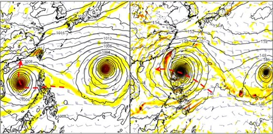 最新(18日20時)歐洲(ECMWF)模式25日20時模擬圖調整為、擾動通過菲律賓、已進入南海，未來轉向廣東(左圖)。美國(GFS)模式25日20時模擬圖則調整為、在呂宋島東北方海面，未來通過巴士海峽，向廣東海面前進(右圖)。氣象應用推廣基金會