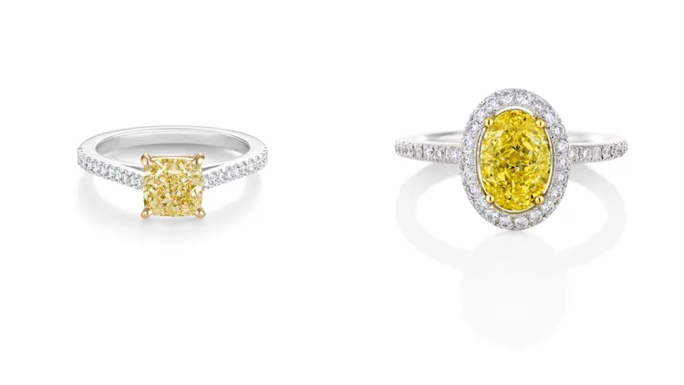 De Beers DB Classic系列枕型切割黃鑽戒指（左圖），235萬元；Aura系列黃鑽戒指（右圖），266萬元。品牌提供