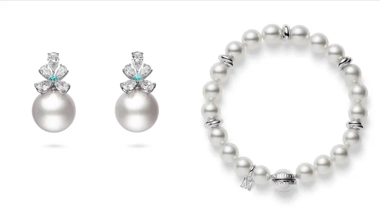 MIKIMOTO南洋珍珠鑽石耳環（左圖），114萬元；珍珠手鍊（右圖），12萬1000元。品牌提供
