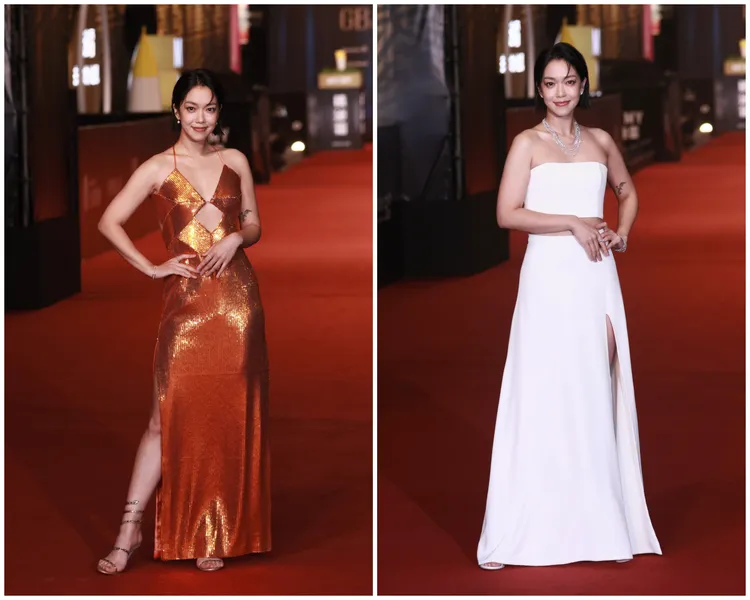 雙料入圍的大霈今以Chou Chou、Galvan London兩套禮服走紅毯，並都搭配De Beers珠寶。攝影中心攝